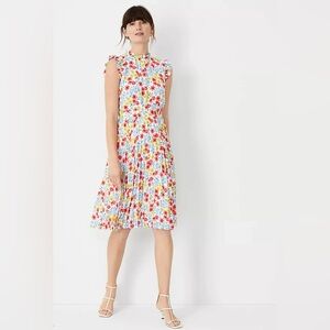 Ann Taylor Dress Womens Size 2 White Floral Ruffle Pleated Flare Lined
